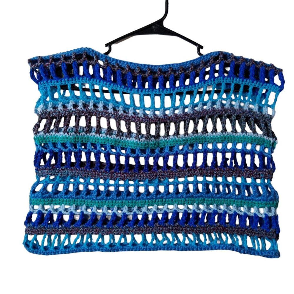Handmade Shades of Blue Acrylic Sleeveless Mesh Boxy Crochet Crop Top Medium